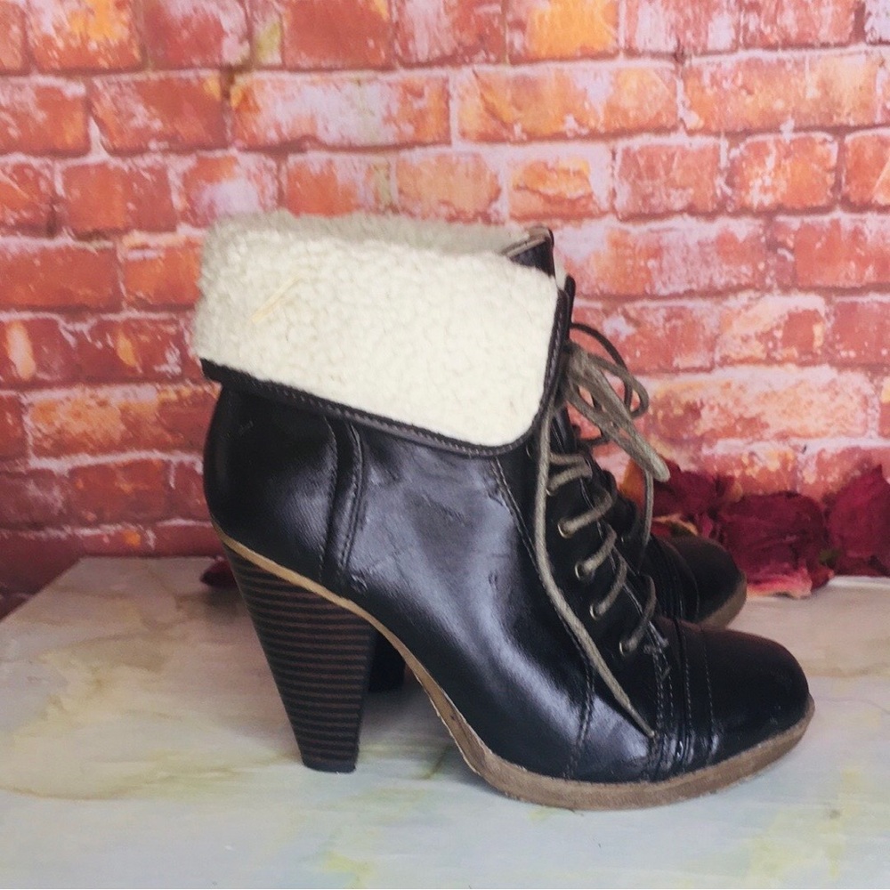 Walnut Brown Faux Leather Lace Up High Heel Granny Boots